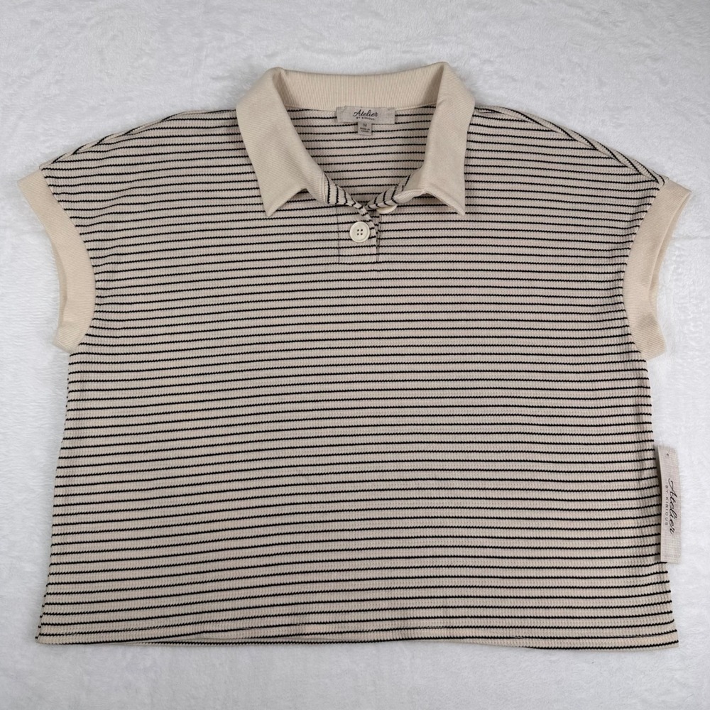 NWT Atelier by Kirious Womens Striped Sleeveless Polo Shirt Ribbed Knit M